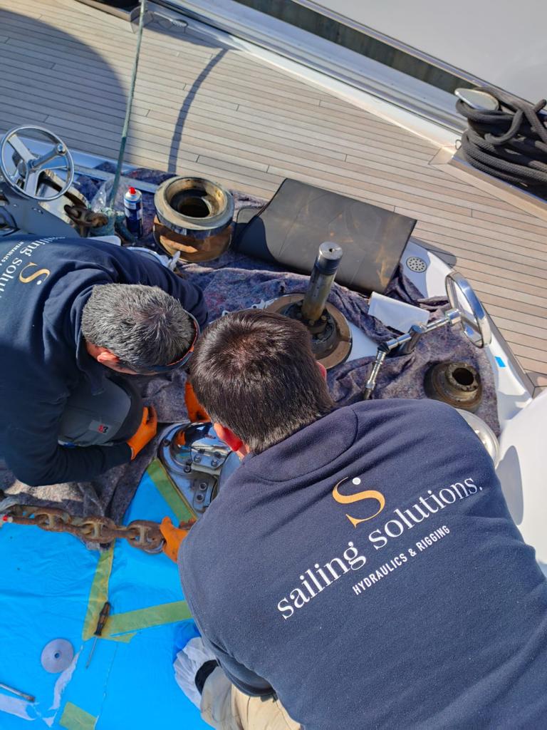 Disassembly of the maxwell winch on a yacht for service in a nautical maintenance workshop